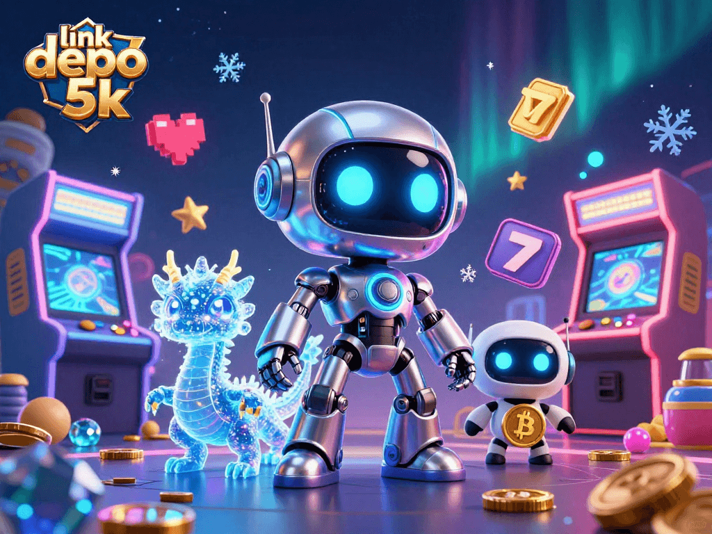 Experience an exciting casino atmosphere with link depo 5k as neon robots and bitcoin shines.