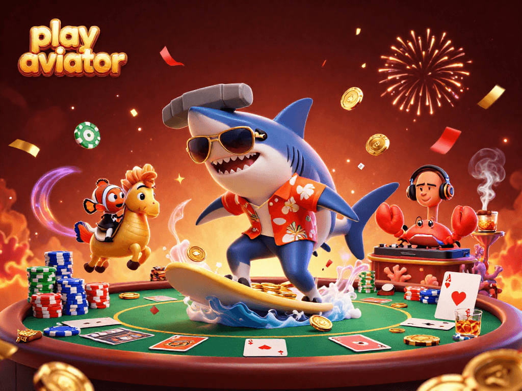 Play Aviator game in an exciting scene with a hammer-head shark and casino elements.