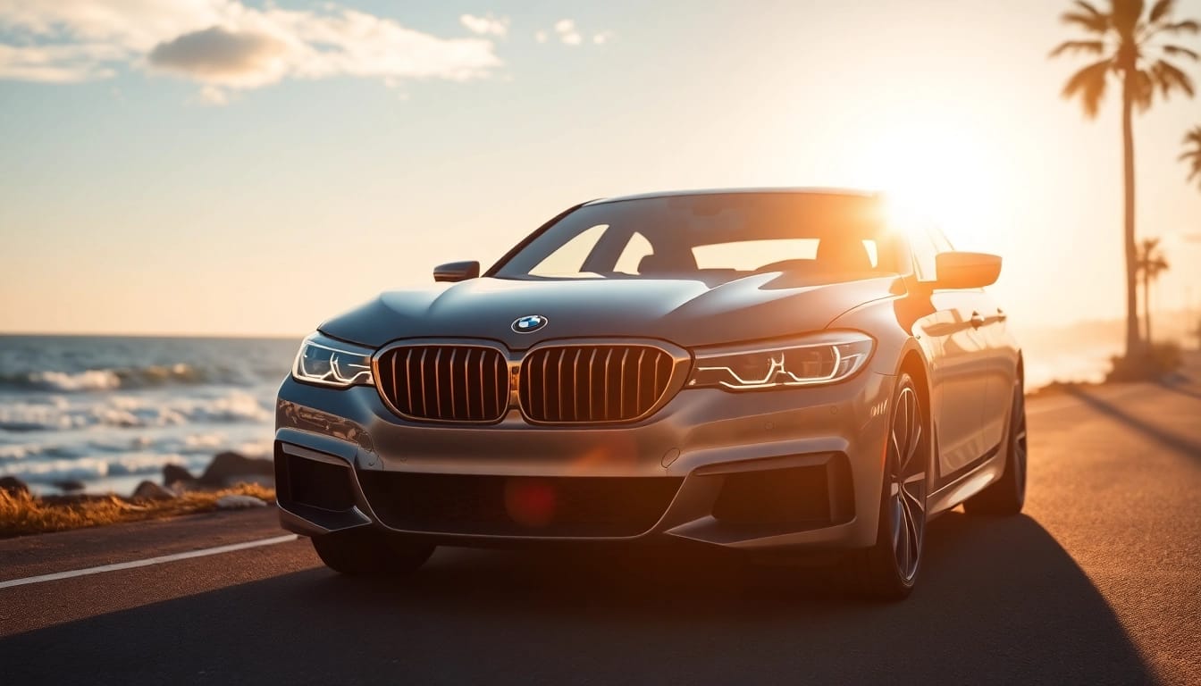 A Luxury BMW car elegantly parked on a coastal road showcasing its sleek design against scenic waves.