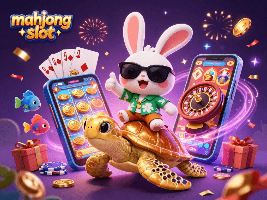 Slot mahjong yang menyenangkan dikelilingi oleh karakter ceria dan elemen perjudian.