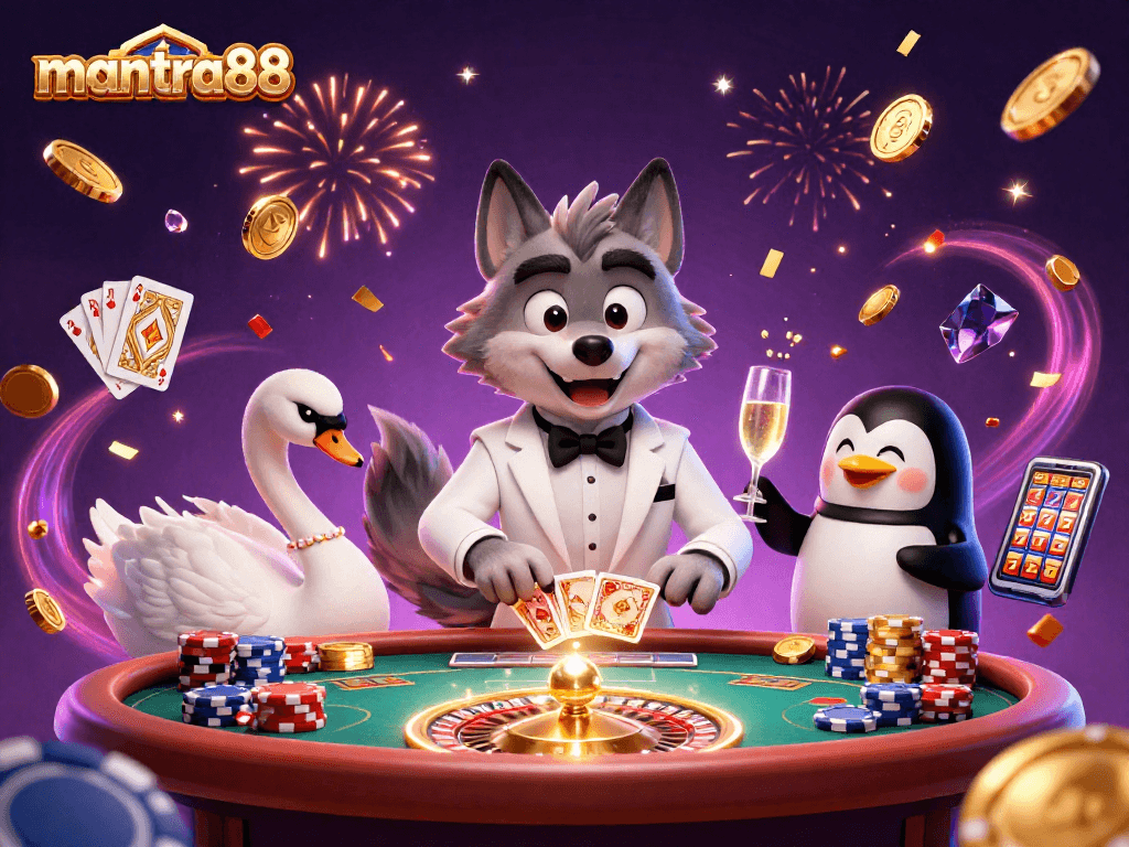 Experience excitement at mantra88 with a charm-filled casino scene featuring dynamic characters and sparkling elements.