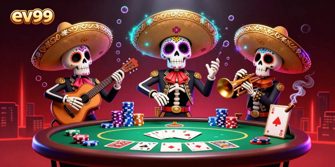 Experience the thrill of ev99 with vibrant mariachi skeletons at a lively poker table.