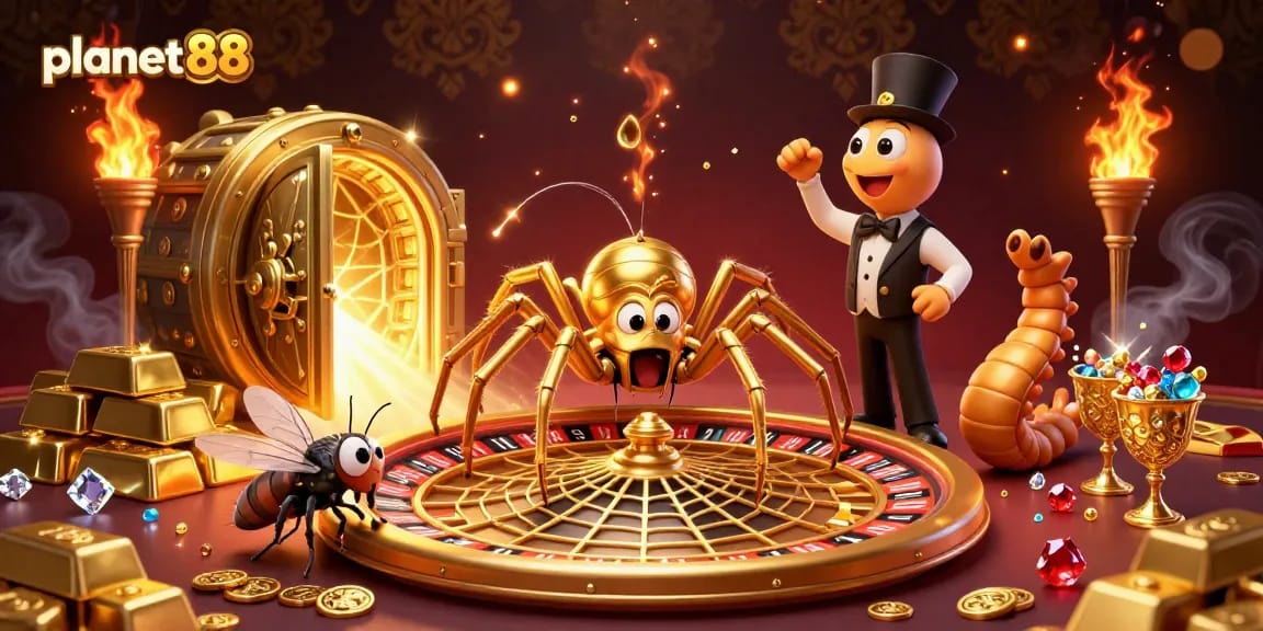 Experience thrilling bets at planet88 with a golden spider web roulette scene featuring vibrant treasures and excitement.