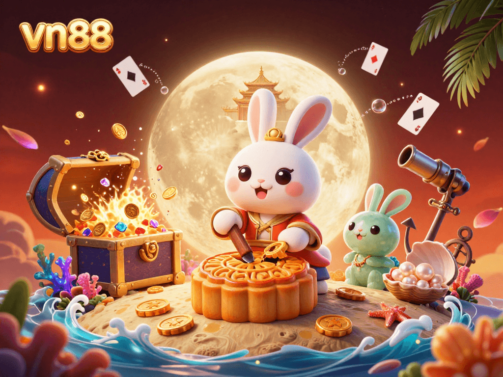 Engage in vn88 casino fun with a lunar-themed illustration of characters and treasure.
