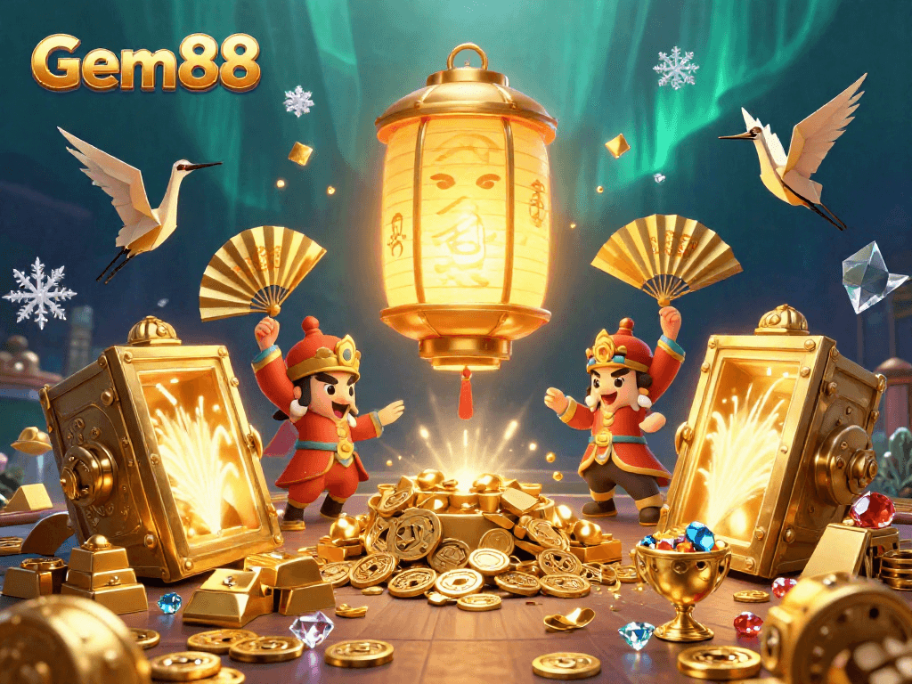 Experience the excitement of Gem88 in this vibrant 3D digital illustration showcasing enchanting lanterns and fortune.