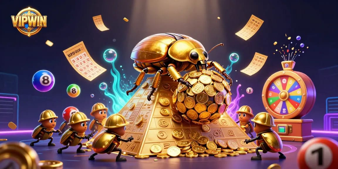 VIPWIN showcases a dynamic casino scene featuring a gold dung beetle and colorful lottery elements.