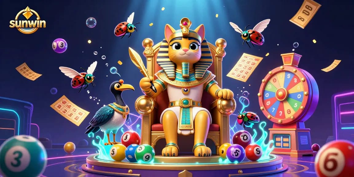 Experience the excitement of sunwin with vibrant lottery elements and animated 3D characters.