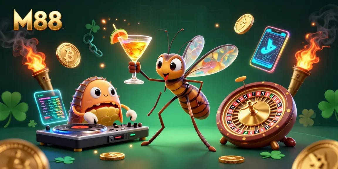 Engage with M88's vibrant casino scene featuring a unique mascot and dynamic gaming elements.