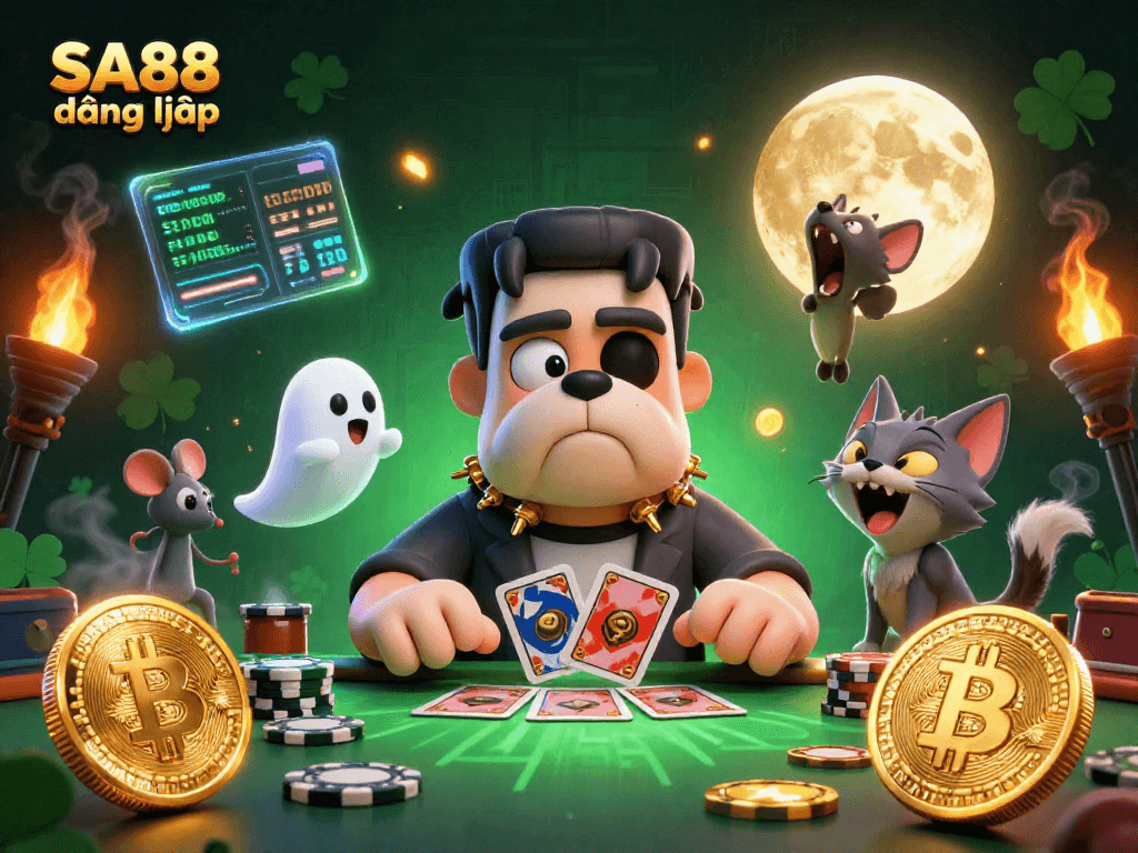 Engage in thrilling card games at SA88 đăng nhập featuring a spooky atmosphere and playful characters.