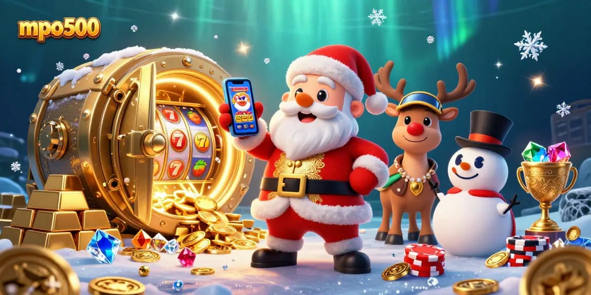 Experience mpo500 with festive fun as Santa showcases jackpot slots amidst a rich casino backdrop.