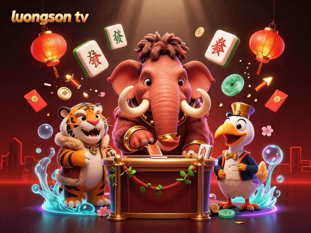 Join the lively atmosphere at luongson tv with a vibrant casino scene featuring cartoon characters and celebratory elements.
