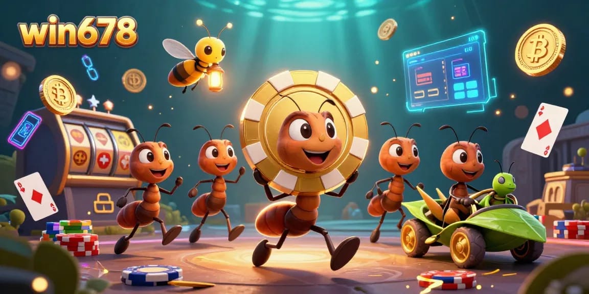 Experience win678's thrilling online gaming with fun characters and vibrant casino elements.