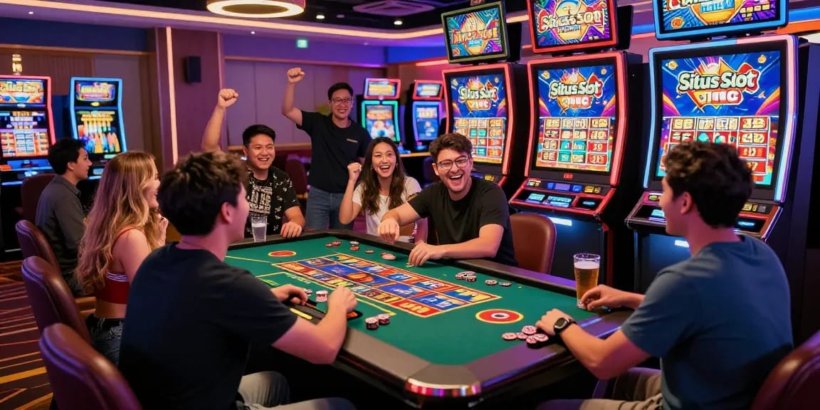 Situs slot players celebrating a win at a vibrant casino, lively atmosphere with neon lights