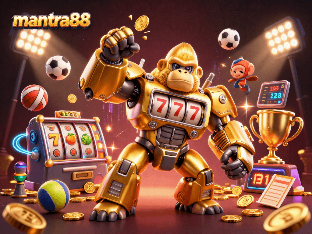 Engage with mantra88 in this vibrant 3D casino illustration showing a golden mech gorilla and dynamic slot reels.
