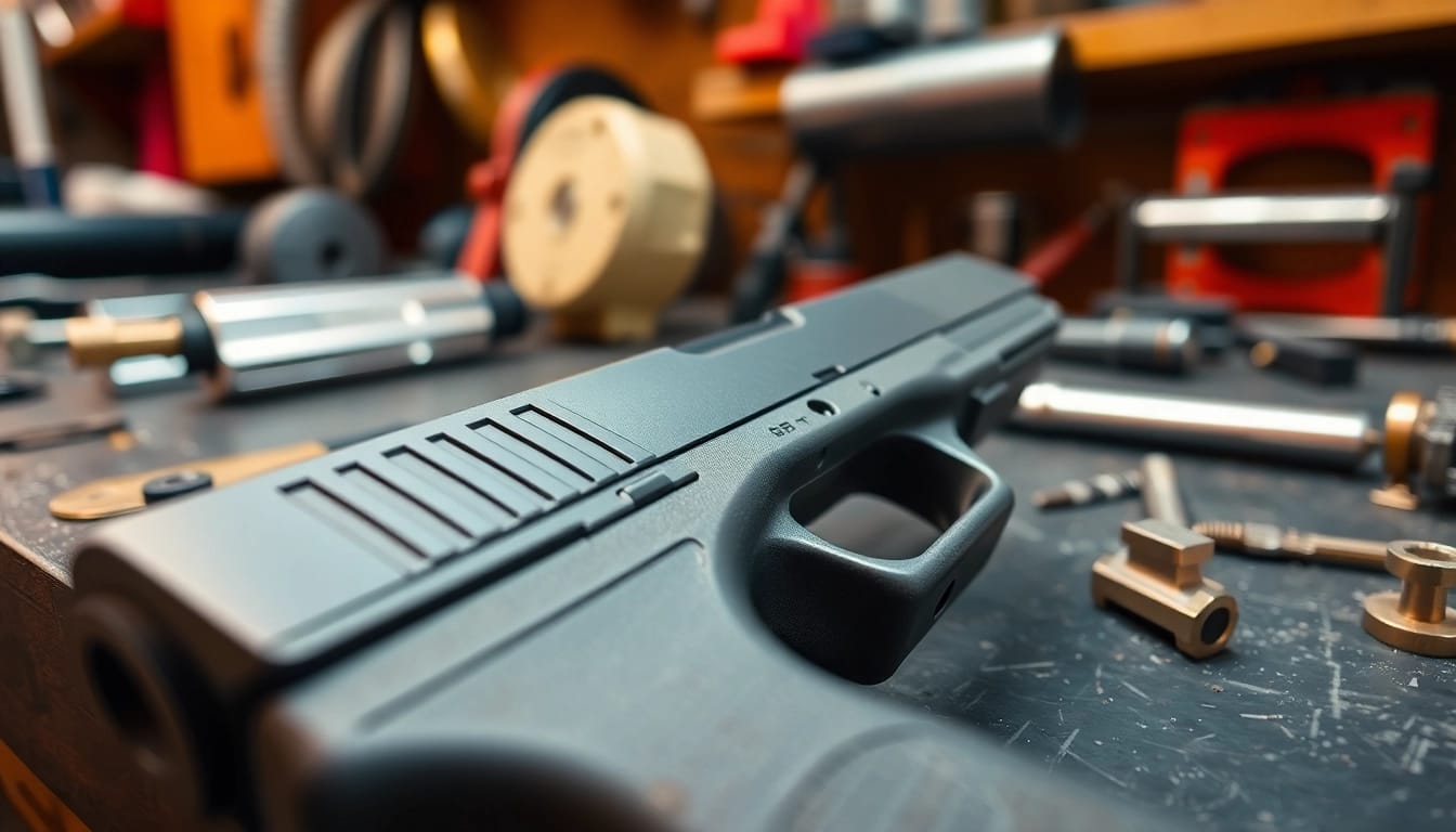 Explore glock 17 slide for sale showcasing craftsmanship and precision in a workshop setting.