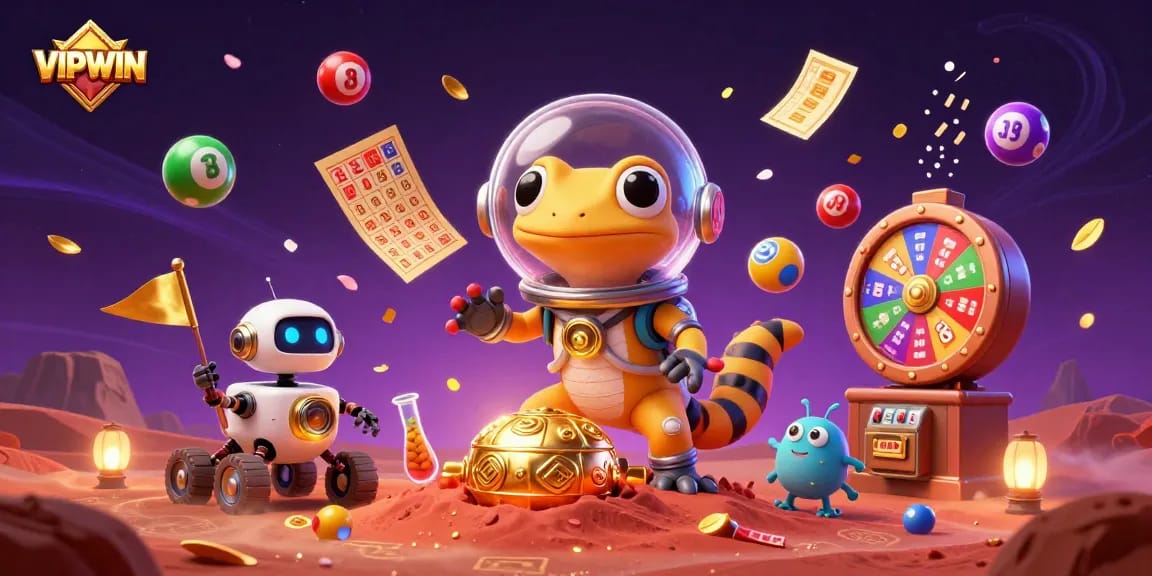 Experience the thrill at VIPWIN with a Martian gecko discovering a golden casino on Mars.