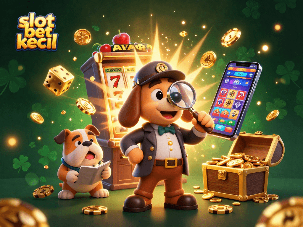 Slot bet kecil menampilkan detektif 3D dan anjing bulldog dengan chip poker, mesin slot uang, dan koin emas melimpah.