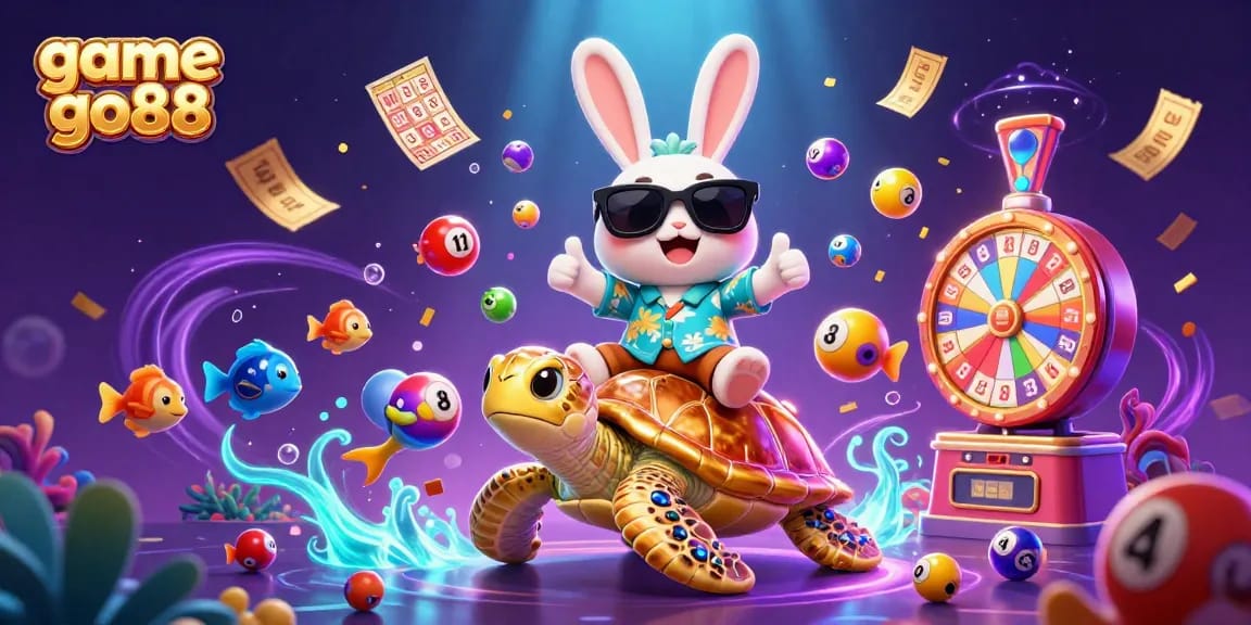 Engage with game go88's colorful lottery scene featuring a lucky rabbit and golden turtle.