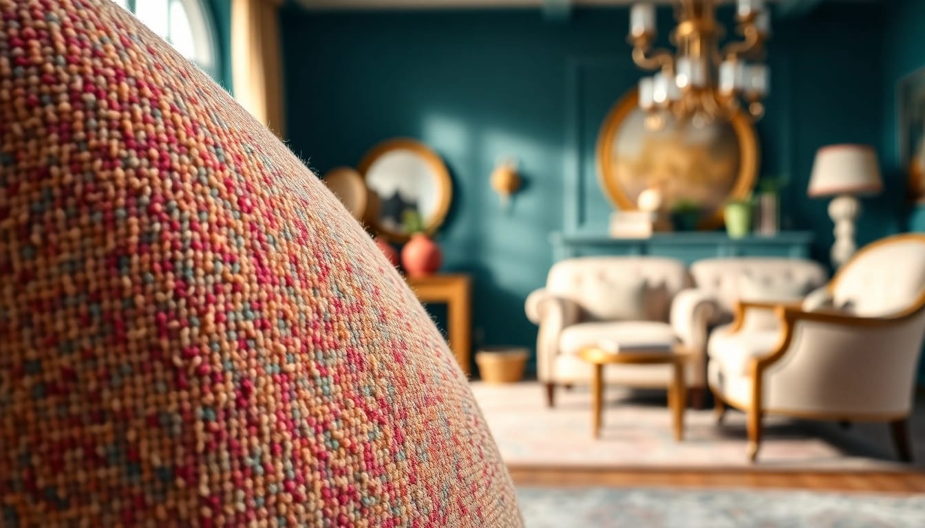 Boucle stof fabric offering a cozy texture for stylish interiors, enhancing decor elegance.
