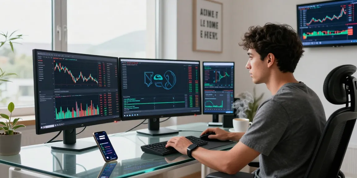 Trader using NAGA2000 platform in modern office setup with multiple screens and cryptocurrency charts.