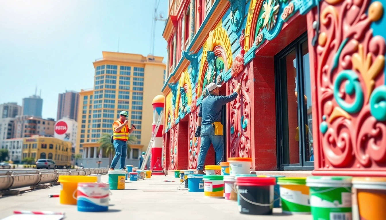 Painting commercial on a vibrant building by professional painters with colorful, intricate designs.