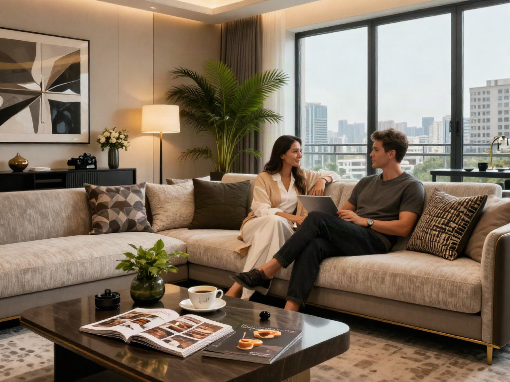 Suasana mewah dengan pasangan menikmati kenyamanan di ruang tamu bergaya, mencerminkan LUXURY 111 dengan desain interior yang elegan.