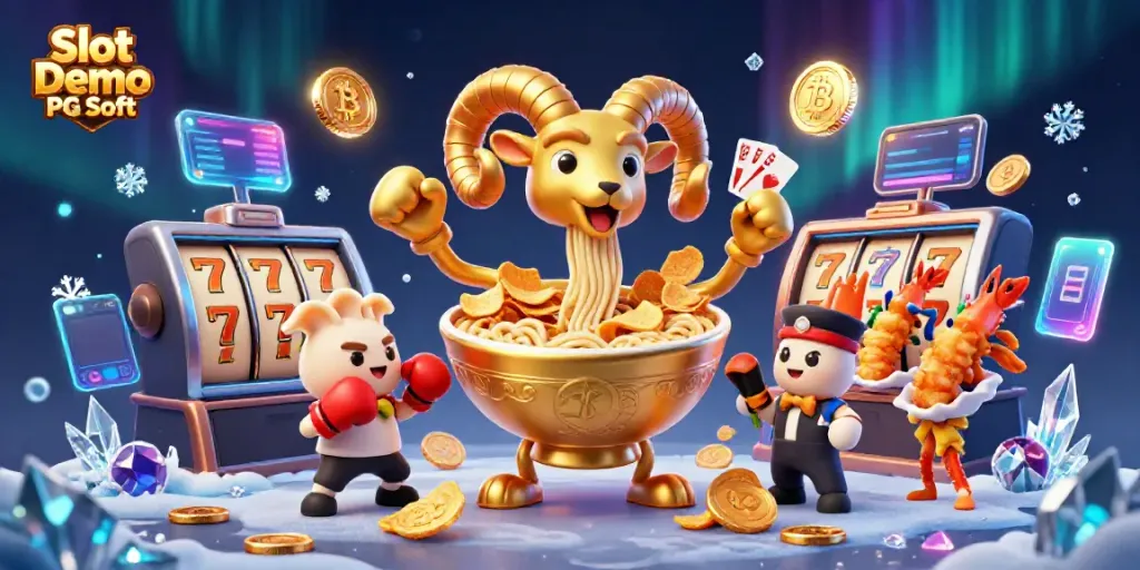 Experience vibrant gameplay with Slot Demo PG Soft featuring animated casino characters amidst neon crypto elements.
