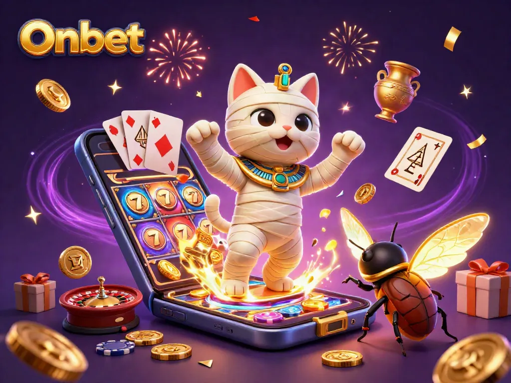 Onbet showcases an Egyptian mummy cat in a vibrant pyramid casino scene, engaging players.