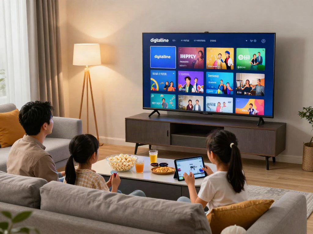 Family enjoying digitaline iptv together in a cozy living room, vibrant streaming options displayed on the screen.