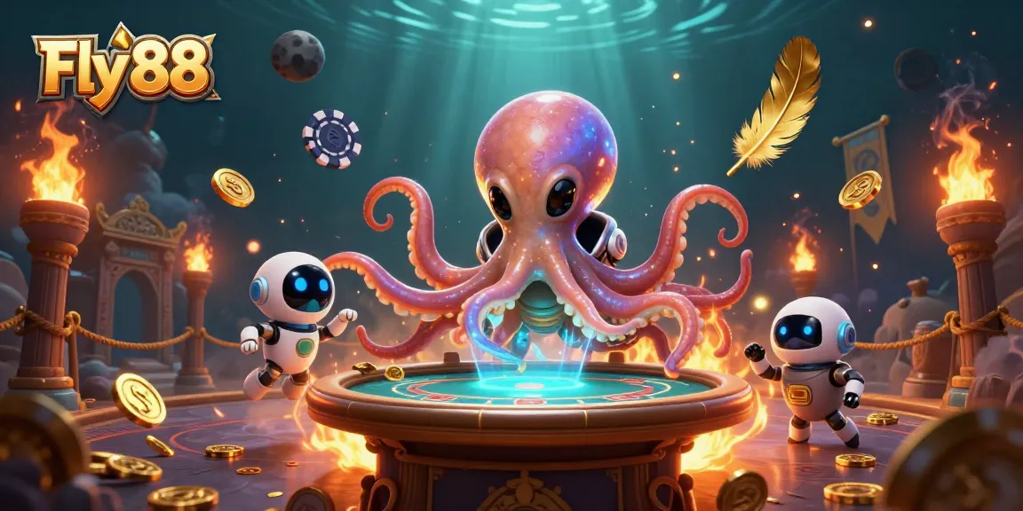 Engage with Fly 88 through an exciting 3D casino scene featuring an alien octopus and dynamic gaming elements.