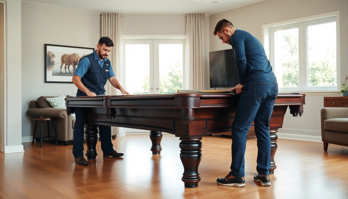 Professional pool table mover disassembling a slate pool table with precision and care in a modern living room.
