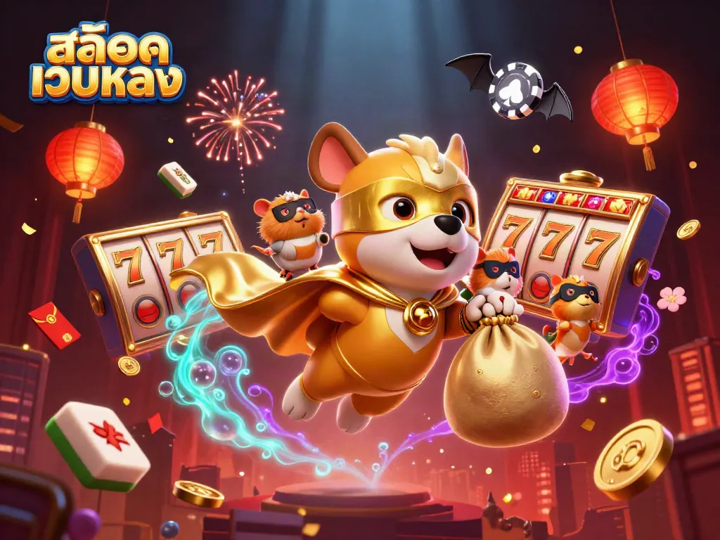 Engage with exciting สล็อตเว็บตรง gameplay with a superhero dog and hamster amidst dynamic casino elements.