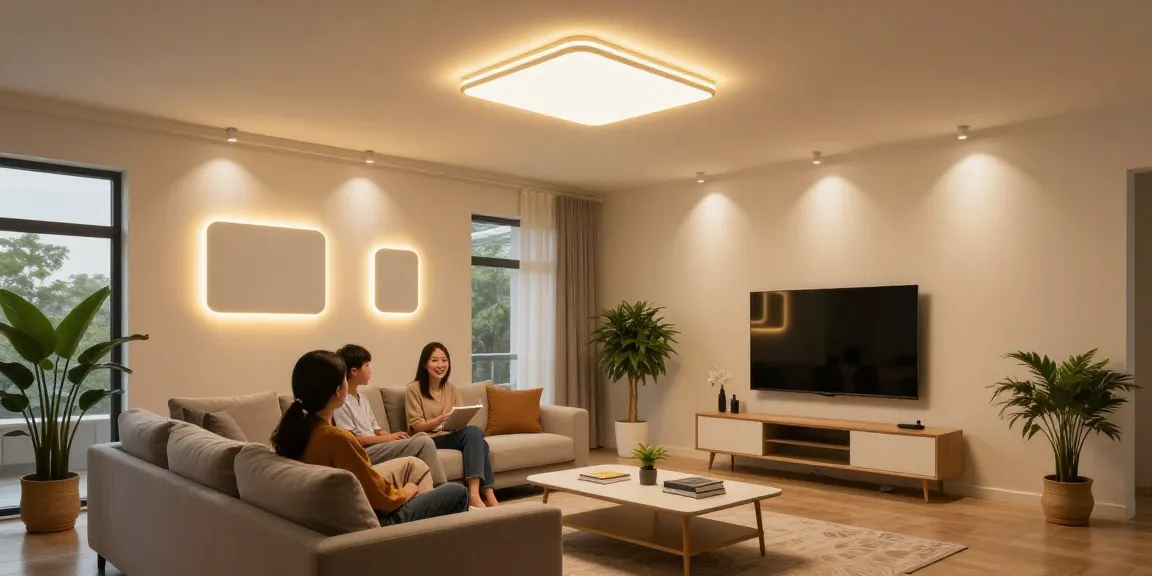 Aplice tavan moderne care iluminează un living primitor, creând o atmosferă caldă.