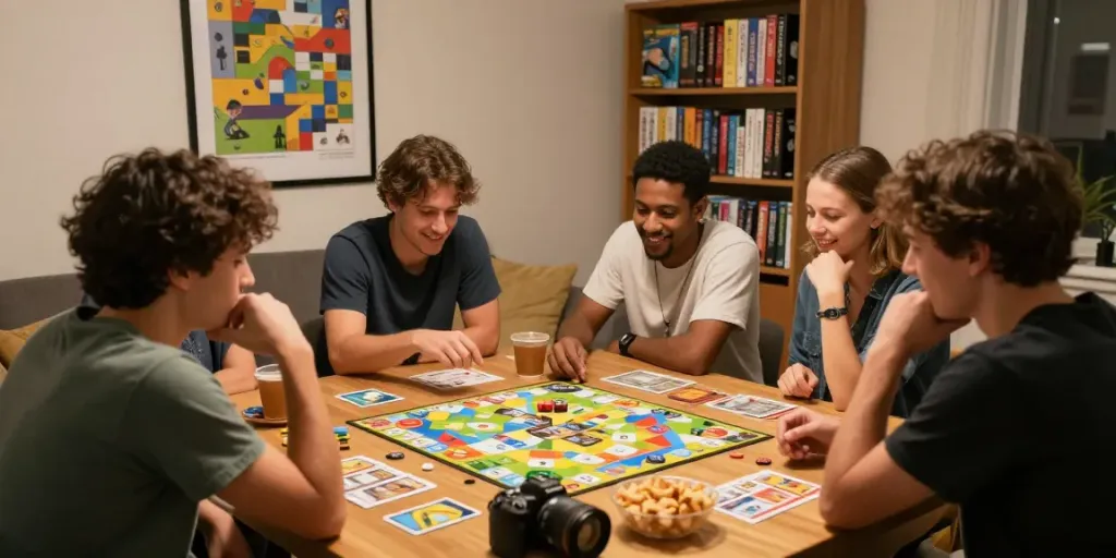 Sildenafil-inspired board game night with friends enjoying competitive fun and vibrant game pieces