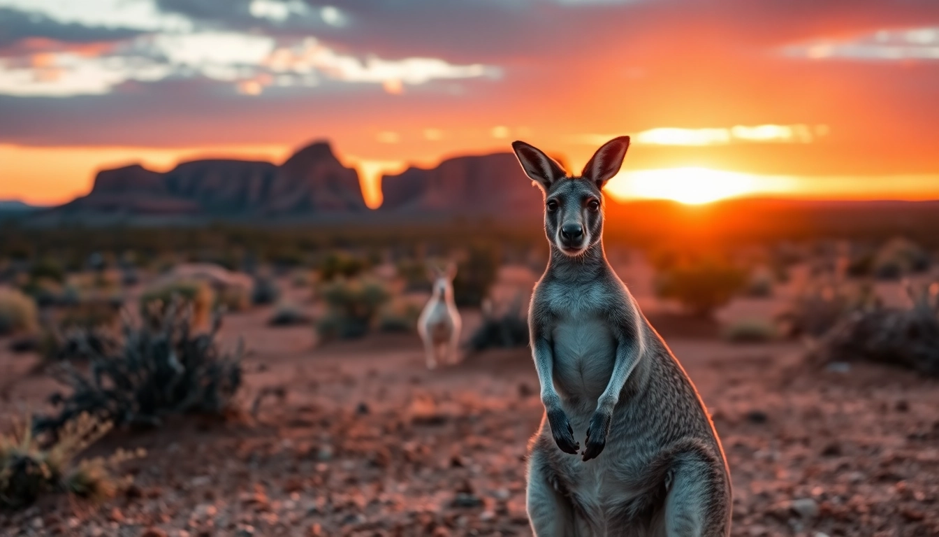 Kangaroo in the Australian outback under a sunset, showcasing Australia's vast and stunning nature.
