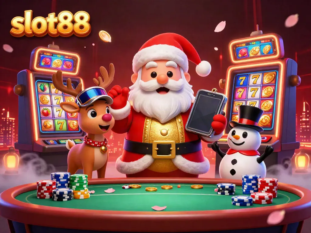 Experience the excitement of slot88 with Santa Claus and friends at a vibrant casino, showcasing jackpot reels and poker fun.