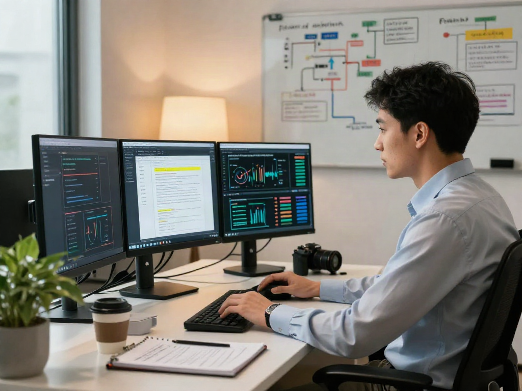 Professional analyst using advanced document fraud detection software in a modern office environment.