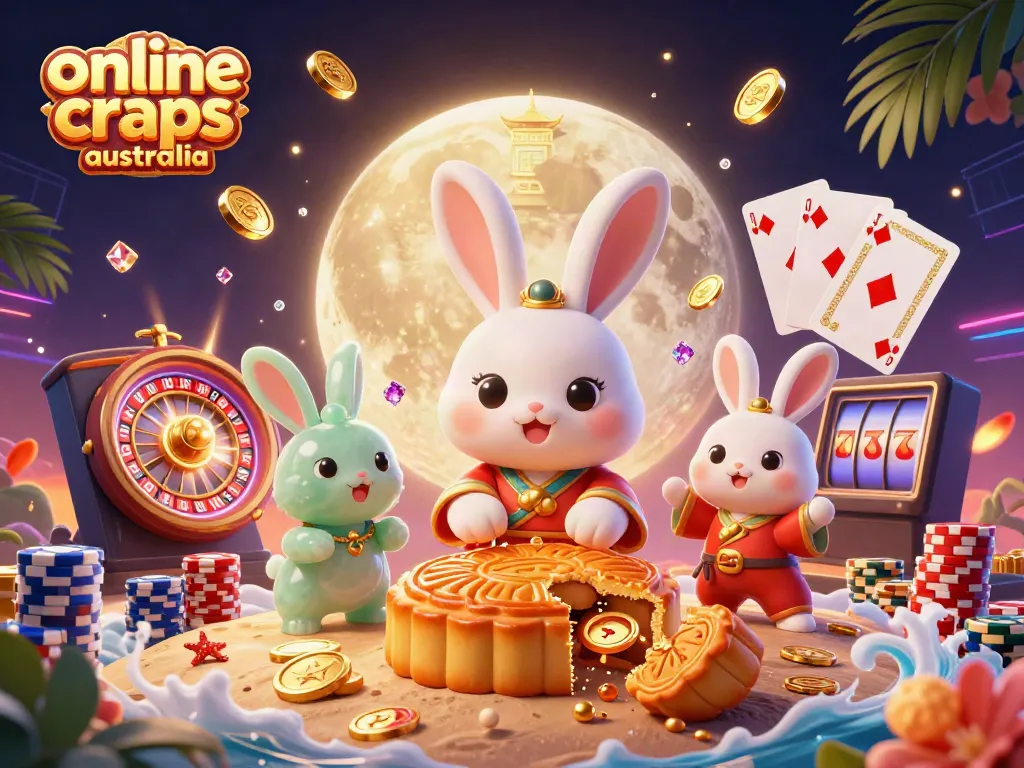 Experience the excitement with online craps australia as moon rabbit reveals dazzling poker chips in a vibrant casino setting.