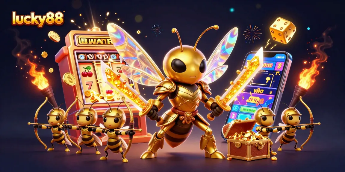 Experience vibrant gaming action with lucky88, featuring a golden hornet in samurai armor amidst slot machine excitement.