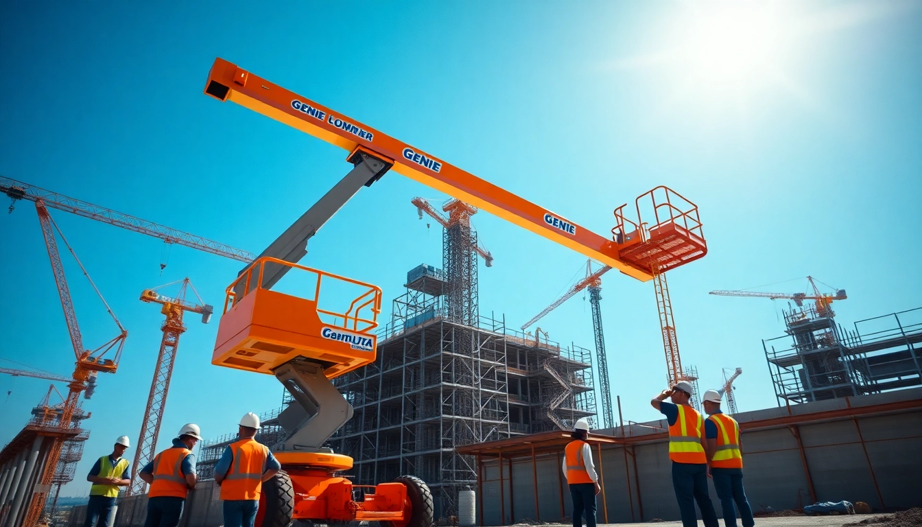 Workers operate a Genie boom lift at a construction site, demonstrating functionality and precision.