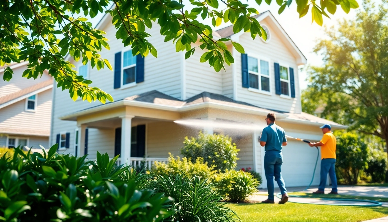 House Washing service showcasing a team cleaning a home with pressure washers, emphasizing professional exterior maintenance.