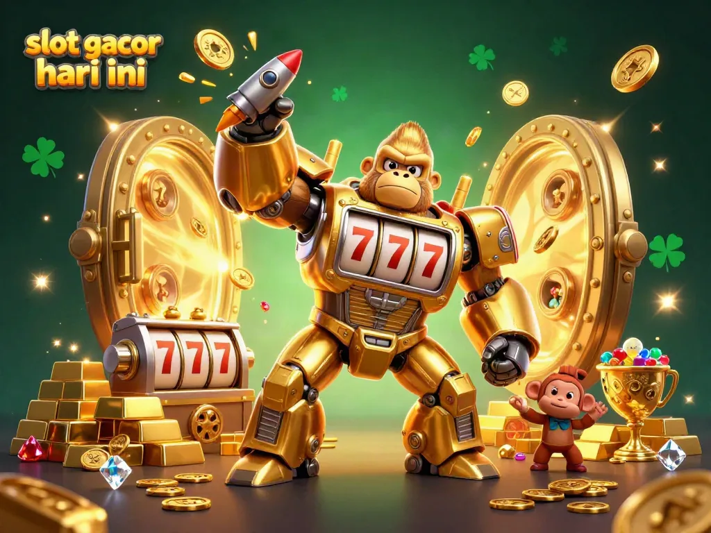 Experience the excitement of slot gacor hari ini with a dynamic golden gorilla mech surrounded by wealth.