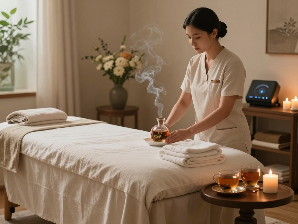 Relaxing therapy room showcasing mantra 88 atmosphere with calming decor and soothing elements.