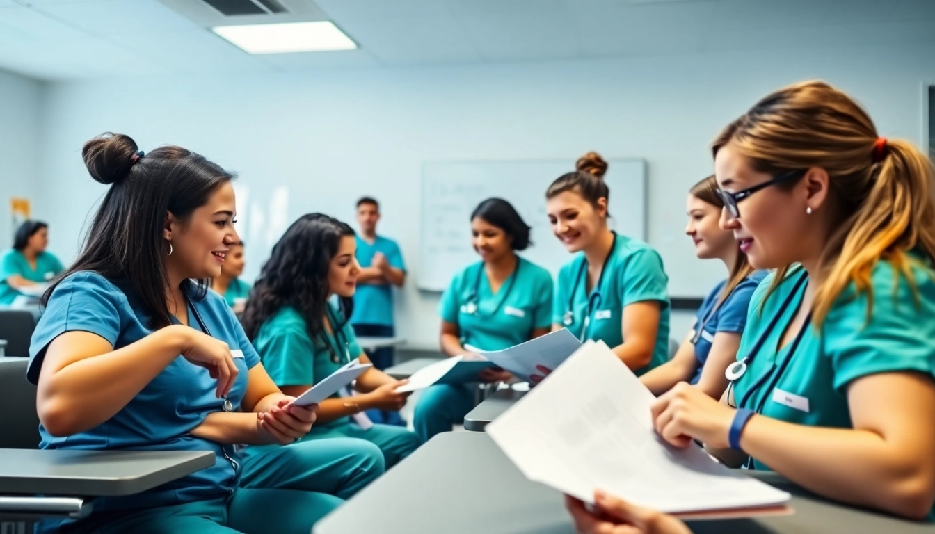 Engaged nursing students at an in person NCLEX bootcamp Houston session collaborating on practice questions.