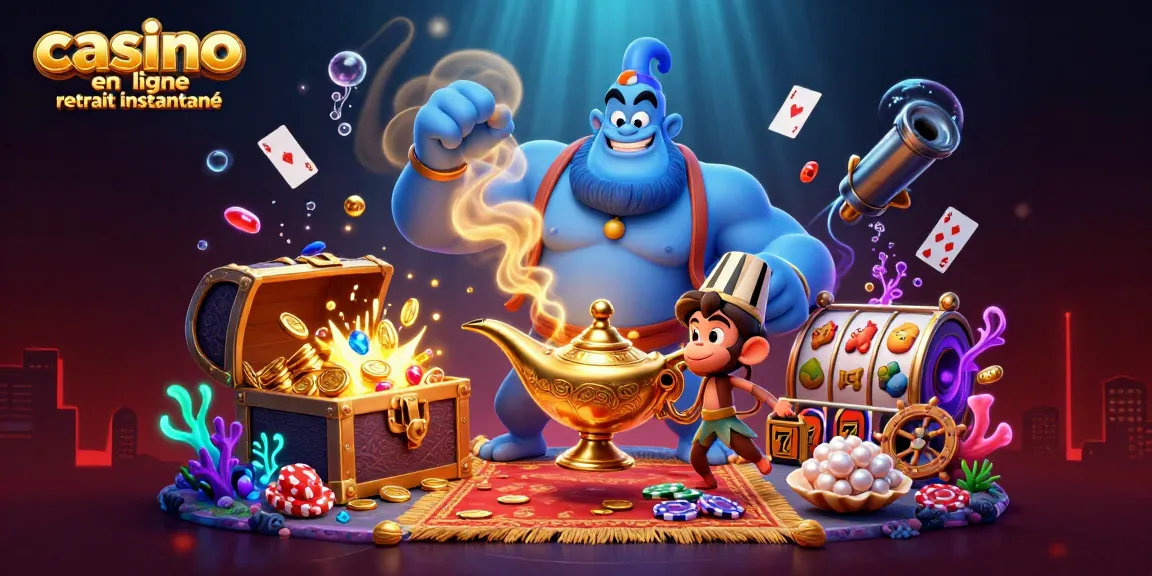 Casino en ligne retrait instantané, jeu dynamique avec des personnages et des symboles de casino.