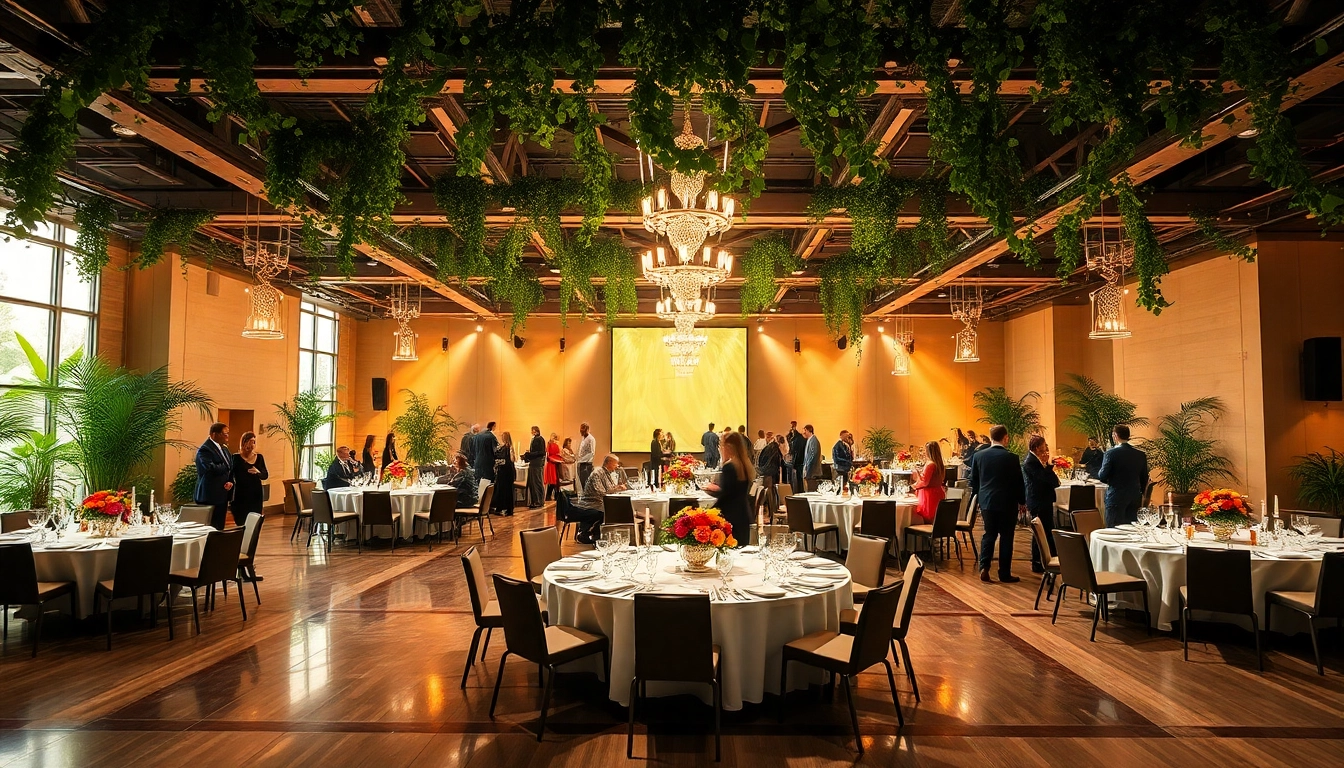 Hosting Events in an elegant event space with vibrant decor and guests mingling.