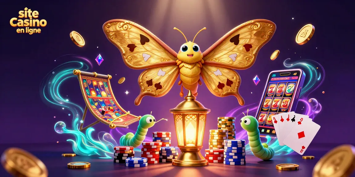 Illustration d'un site de casino en ligne avec un papillon atlas, des pièces d'or et des rouleaux de machines à sous.