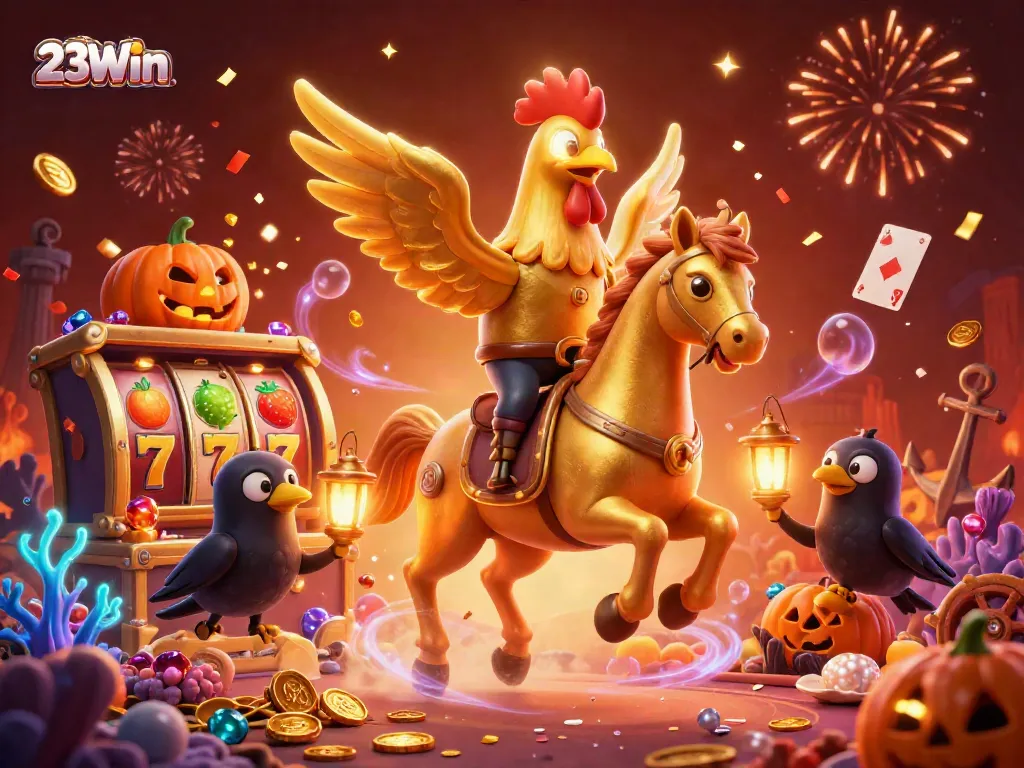 Join the thrill of 23Win as the golden rooster soars through an enchanting casino adventure filled with excitement.