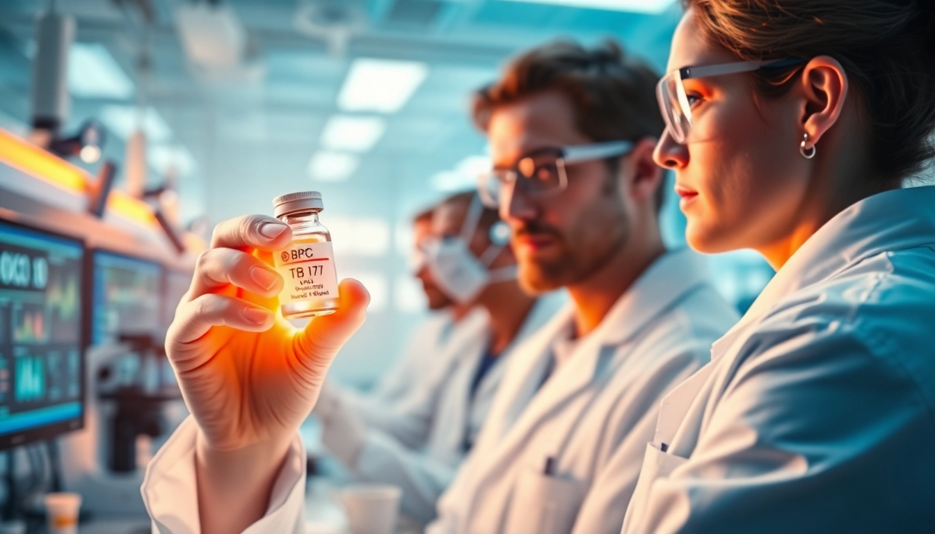 Scientist analyzing BPC 157 and TB 500 peptides in a cutting-edge laboratory.