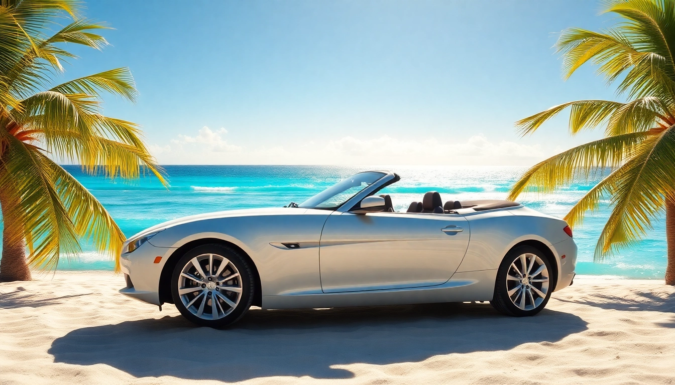 Rent a car St Barth while enjoying a scenic beach view with a sleek convertible parked by the shore.